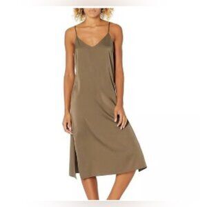The Drop Ana Silky V Neck Midi Slip Dress Olive
